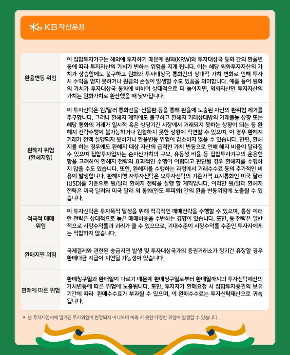 'kb 인도 성장 셀렉션' 펀드의 위험요소들을 정리한 자료.